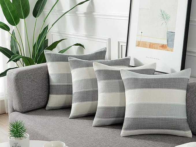 AmHoo Pack of 2 Farmhouse Stripe Check Throw Pillow Covers Set Case Cotton - Image 3