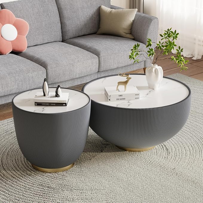 Henf Marble Round Side Table, 19.7" Fluted End Table - Image 5