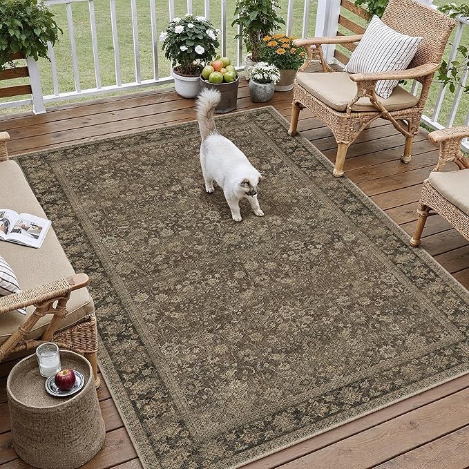 5x7 Brown Linen Look Washable Area Rug by HUGEAR