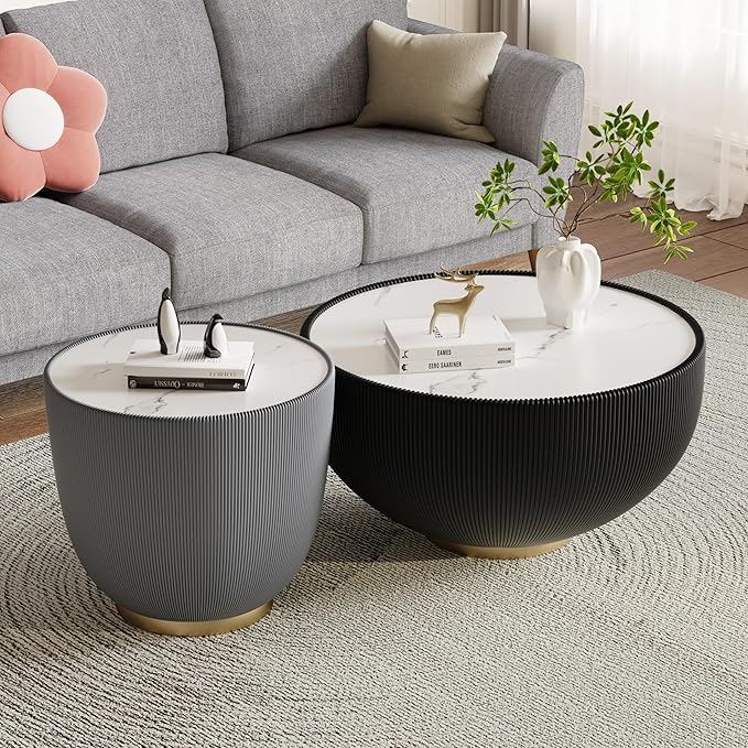 Round Marble Coffee Table Set of 2, 2 Piece White Coffee Table and End Table - Image 3