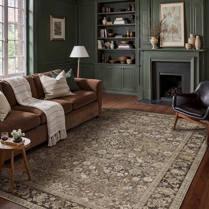 10x14 Brown Vintage Floral Washable Area Rug - Image 3