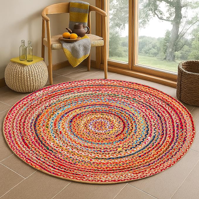 Hausattire Braided Boho Round Rug, 5 ft | Jute/cotton blend, hand woven - Image 6