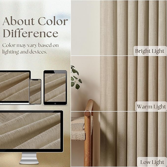 Textured Linen Pinch Pleated Curtains Tan Greige 84 Inches Long 2 Panels | - Image 4