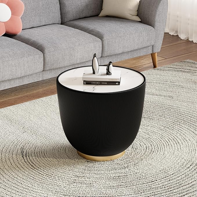Black Round Side Table, 19.7" Faux Marble Fluted End Table by Henf