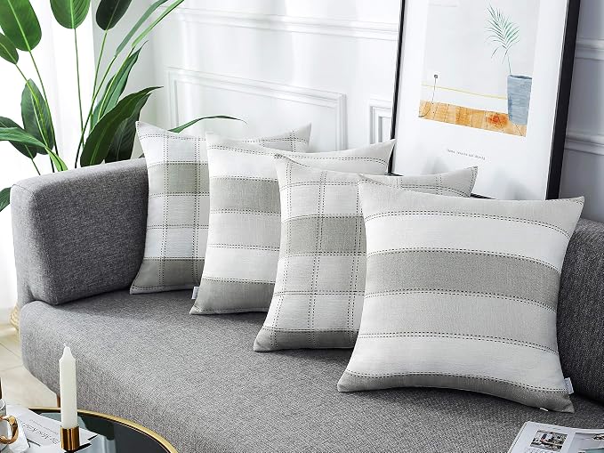 AmHoo Pack of 2 Farmhouse Stripe Check Throw Pillow Covers Set Case Cotton - Image 3