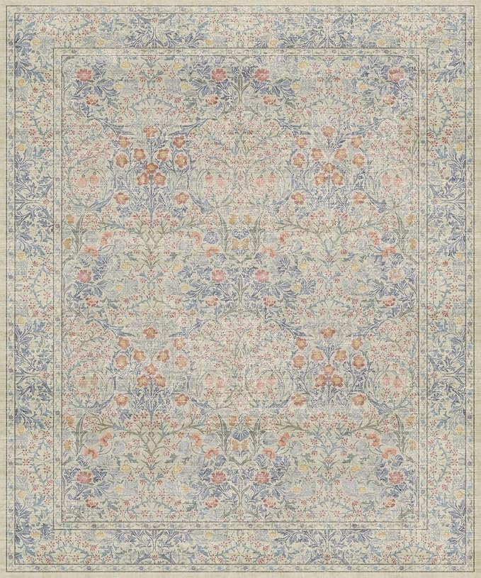 Vintage Washable Beige Blue 10x12 Rug - Image 3