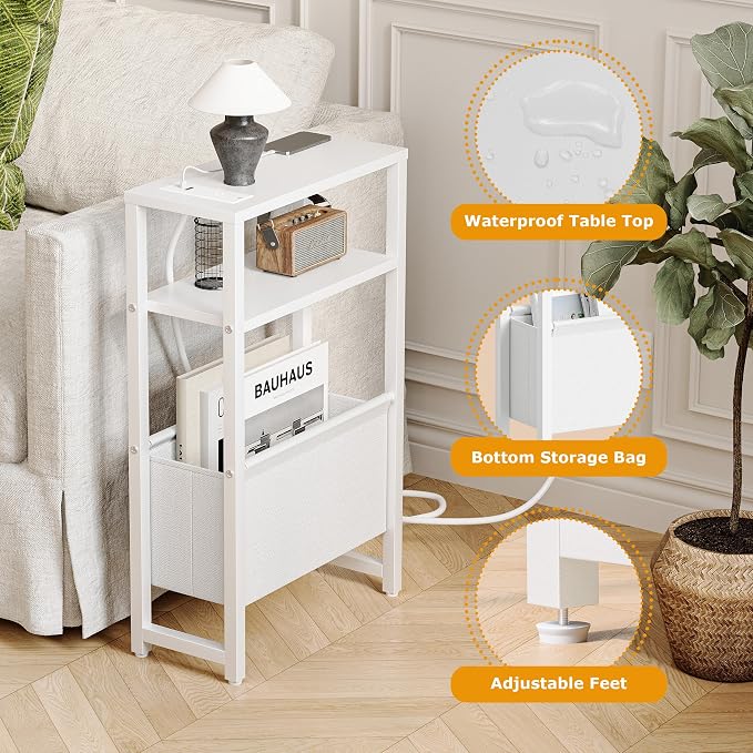 Narrow Side Table with Charging Station Slim End Table Sofa with Magazine Rack - Image 6
