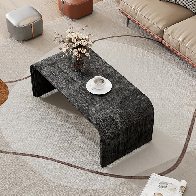 Minimalist Coffee Table with Curved Art Deco Design, Wood Rectangle Center Table - Image 2
