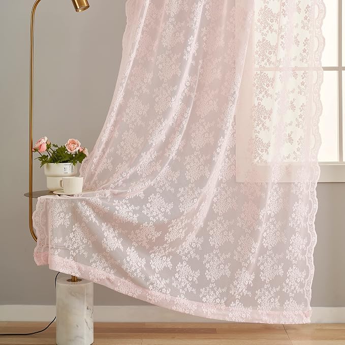 YJ YANJUN Vintage Lace Curtains 84 Inches Long- Pretty Pastel Floral Pink Sheer - Image 4