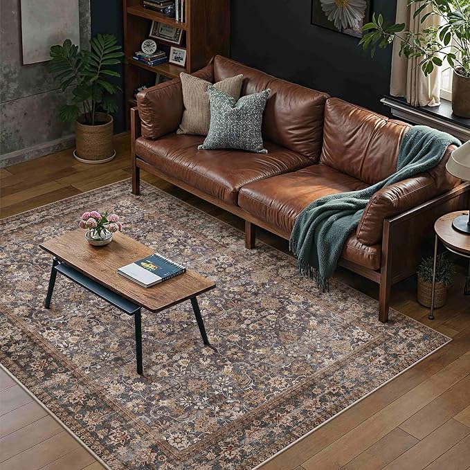 4x6 Brown Blue Vintage Floral Washable Area Rug by HUGEAR