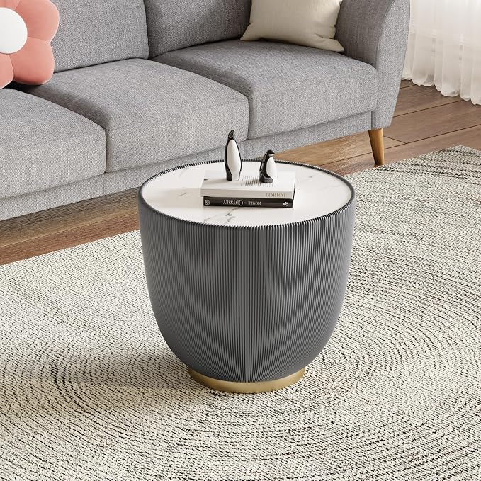 Henf Marble Round Side Table, 19.7" Fluted End Table by Henf