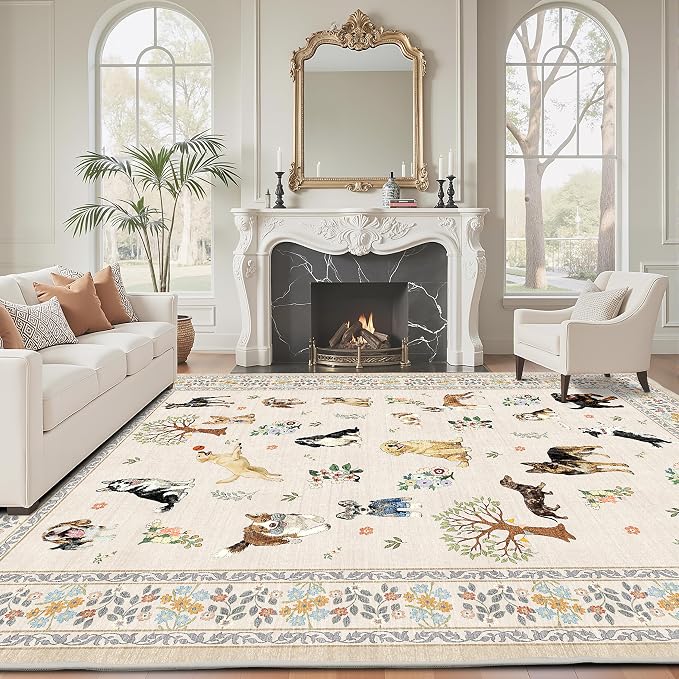 Beige Area Rug 5x7 for Bedroom Livingroom | Ultra-Thin; Boho Style; Low Pile; - Image 4
