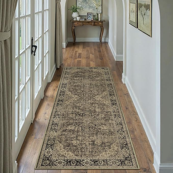 2x6 Brown Retro Floral Washable Runner Rug by HUGEAR